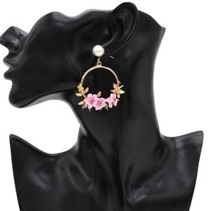 ●NEW pink flowers earrings with faux pearl